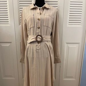 Free People tan and blue very thin stripe long sleeve dress.
